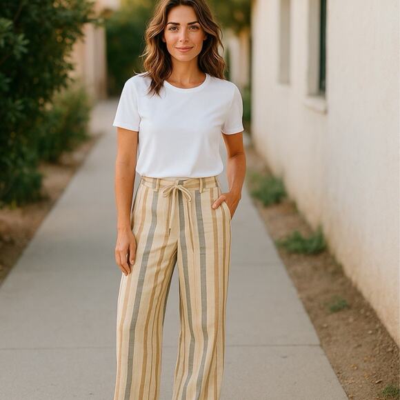 Lafayette 148 New York Columbus Linen Wide Leg Striped Pant Drawstring XS NEW - Picture 1 of 16